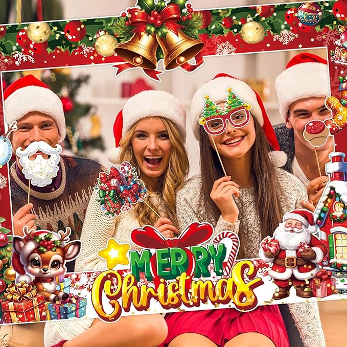 30PCS Christmas Photo Booth Props (Upgraded Version), Merry Christmas Party Pose Sign, Red and Green Xmas Theme Party Supplies Decorations for Winter Holidays