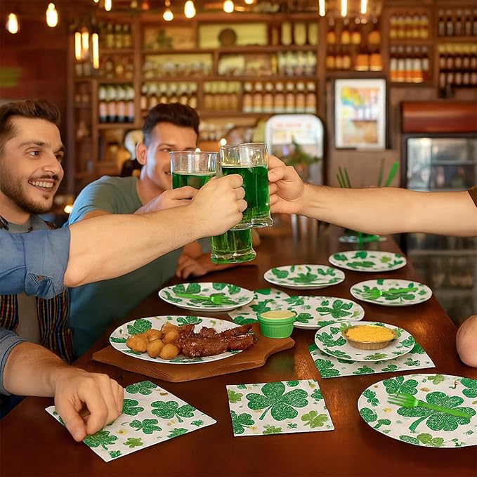 100 Pcs St. Patrick’s Day Shamrock Tableware Party Supplies Set, Serves 25 – Disposable Green Clover Paper Plates, Napkins, and Forks for Irish Celebration, Lucky Party, or Spring Festival Decorations