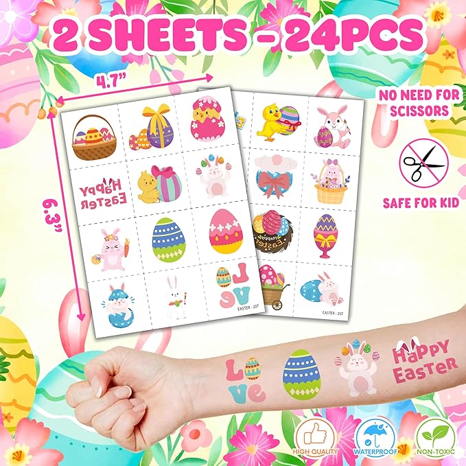 36PCS Easter Party Favors - 24PCS Pre-Cut Temporary Tattoos & 12PCS Stamps - Ideal Spring Egg Themed Birthday Card Decorations Supplies Goodie Bag Cute Rewards for Boys Girls Classroom Gifts Prizes
