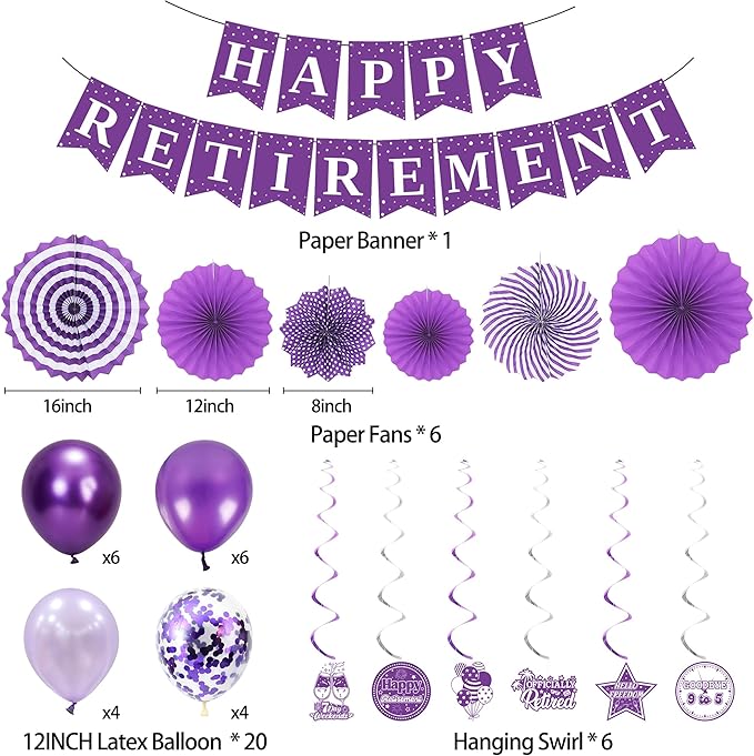 Holkcog Purple Retirement Party Decorations for Women, Silver Purple Happy Retired Banner Backdrop Paper fan Hanging Swirls for Coworker, I'm Retired Sash & Tiara Set, Great for Retiring Women Supply