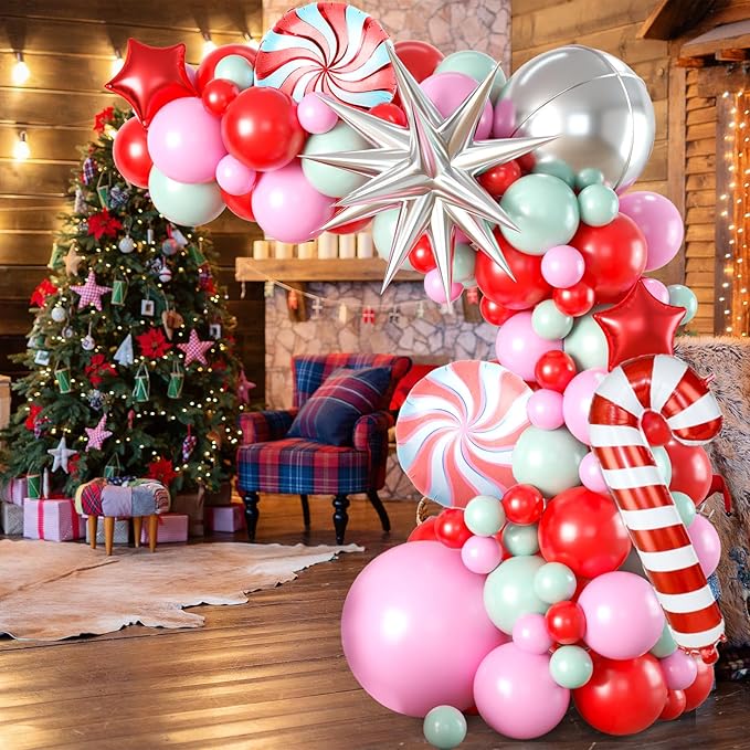 Christmas Balloon Garland Arch Kit, 107PCS Red Pink Green Balloons Arch with 4D Silver Balloon, Xmas Candy Cane Windmill Silver Explosion Star Foil Balloons for Christmas New Year Party Supply
