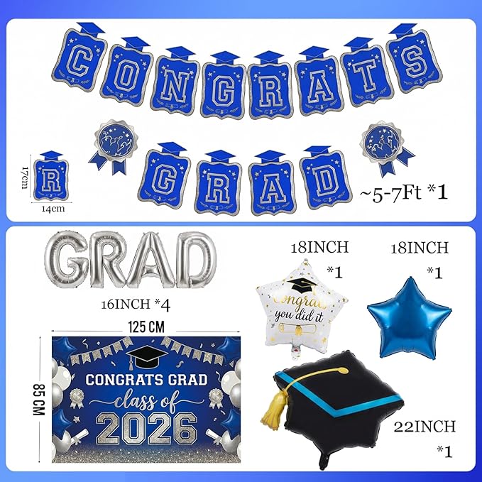 Royal blue silver Balloons GRAD Print Balloons with Banner Table Honeycomb Centerpieces Hanging Swirl backdrop Stars Graduation Cap GRAD Letters Mylar Balloons for 2026 graduate Prom Decorations