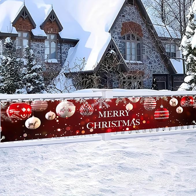 Merry Christmas Decorations Banner Polyester Fabric Ornaments Tree Branches Glitter Design for Indoor Outdoor Garden Fence Banner Outdoor Porch sign 118x20 Inch Party Supplies