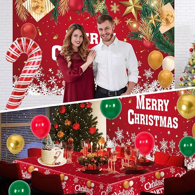 2025 Christmas Party Decorations-Balloon Arch Garland Kit with Green Red Candy Cane Balloons, Merry Christmas Backdrop Banner Tablecloths for XMAS Decorations Supplies