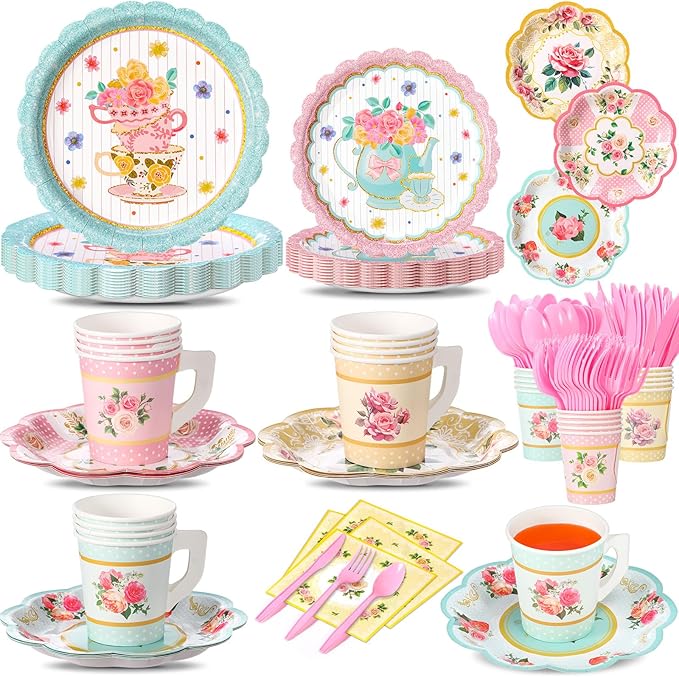 240 Pcs Tea Party Supplies 30 Guests Include Disposable Dinner Plates Dessert Plates Cups Saucers Napkins Knives Forks Spoons Floral Tea Party Tableware Set for Birthday Baby Shower Favors