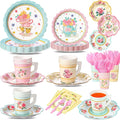 240 Pcs Tea Party Supplies 30 Guests Include Disposable Dinner Plates Dessert Plates Cups Saucers Napkins Knives Forks Spoons Floral Tea Party Tableware Set for Birthday Baby Shower Favors
