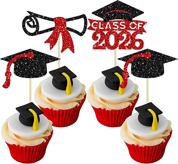 Gyufise 24Pcs 2026 Graduation Theme Cupcake Toppers Glitter Diploma Graduation Cap Cupcake Picks Class of 2026 Cake Decorations for 2026 Grad Theme Party Supplies Black Red