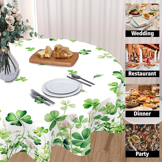St Patricks Day Tablecloth Round 60 Inch Green Shamrock Table Cloth Farmhouse St Patrick's Day Table Cover for Kitchen Dinner Room Holiday Party Indoor Outdoor Home St Patricks Day Decor
