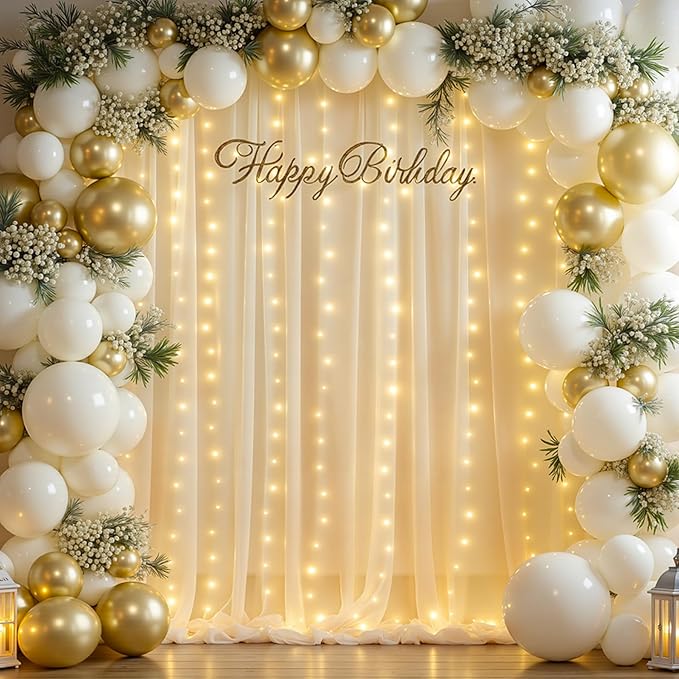 10x10FT Cream Wrinkle Free Backdrop Curtains with Lights String for Parties - Photo Curtain Backdrop with Lights for Wedding Decorations, Bridal Baby Shower Birthday Party Photography Background