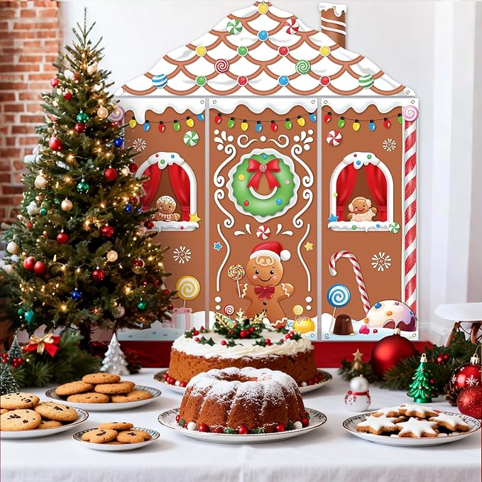 4pcs Gingerbread House Door Cover Decorations, Christmas Gingerbread Door Banner Backdrop for Christmas Holiday Party Decor, 110.24 * 98.43 in
