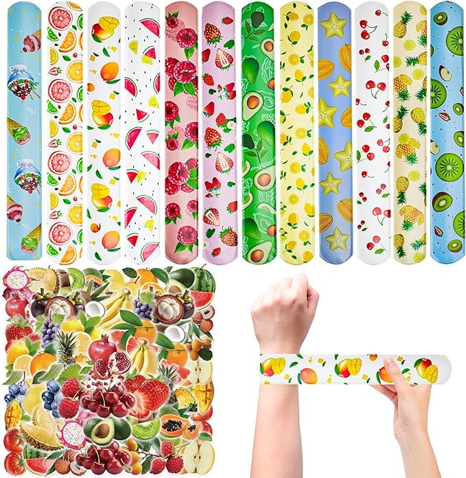 74PCS Fruit Slap Bracelets&Stickers Summer Fruit Theme 24PCS Slap Bracelets 50PCS Stickers Party Favors Basket Bag Filler School Prizes Gifts Party Favors Bulk