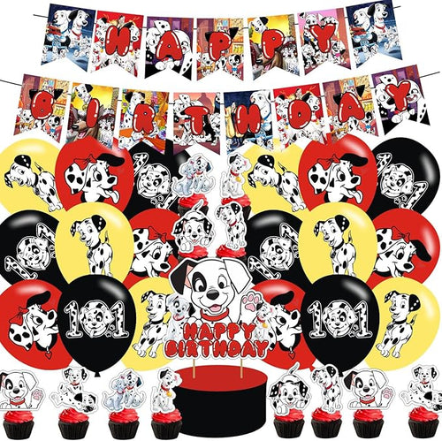 101 Dogs Birthday Party Supplies: Cake Caps, Cupcake Caps, Flags, Latex Balloons - Red, Black, White - Dog Themed - Includes 12 Cupcake Toppers, 1 Big Cake Topper, Banner, 18" Balloons