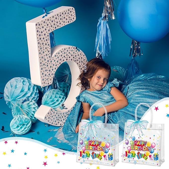 Henoyso 12 Pcs Clear Happy Birthday Gift Bags Plastic Goodie Candy Treat Bags PVC Party Favor Totes with Handles 7.8 x 7.8 x 3.1 Gift Wrap Totes