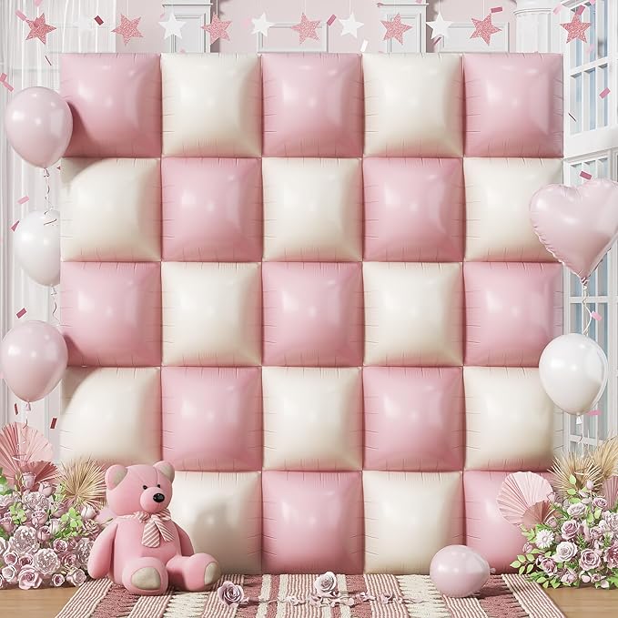 Pink Cream Balloons Square Foil Balloon, 25PCS Boho Baby Pink and Matt White Double Sided Foil Balloon Backdrop Wall Beige Flat Tunnel Background for Girls Women Birthdays Baby Shower Bridal Wedding
