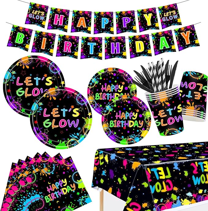 194 Pcs Neon Glow in the Dark Party Supplies Decorations Serve 24, Includes Plates, Napkins, Tablecloth, Banner, Ideal for Neon Themed Birthday Party