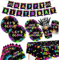 194 Pcs Neon Glow in the Dark Party Supplies Decorations Serve 24, Includes Plates, Napkins, Tablecloth, Banner, Ideal for Neon Themed Birthday Party