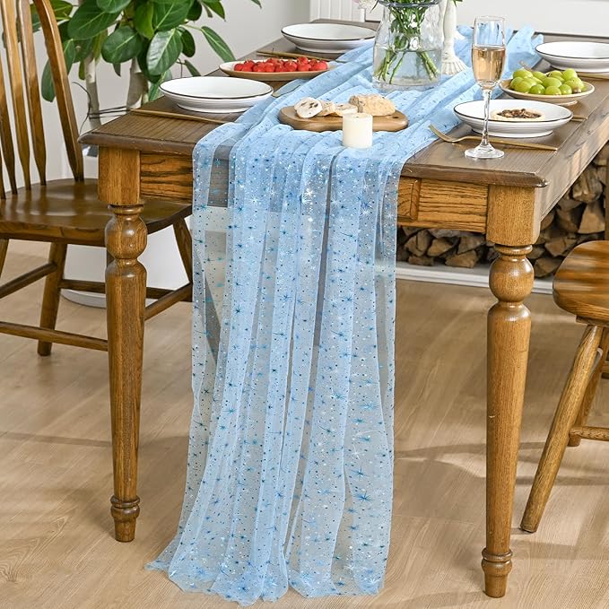 Horaldaily Light Blue Gold Sparkling Star Gauze Tablecloth 60x84 Inch Rectangular, Blue Star Sequin Glitter Metallic Foil, Sheer Tulle Cheesecloth for Wedding Baby Shower Party