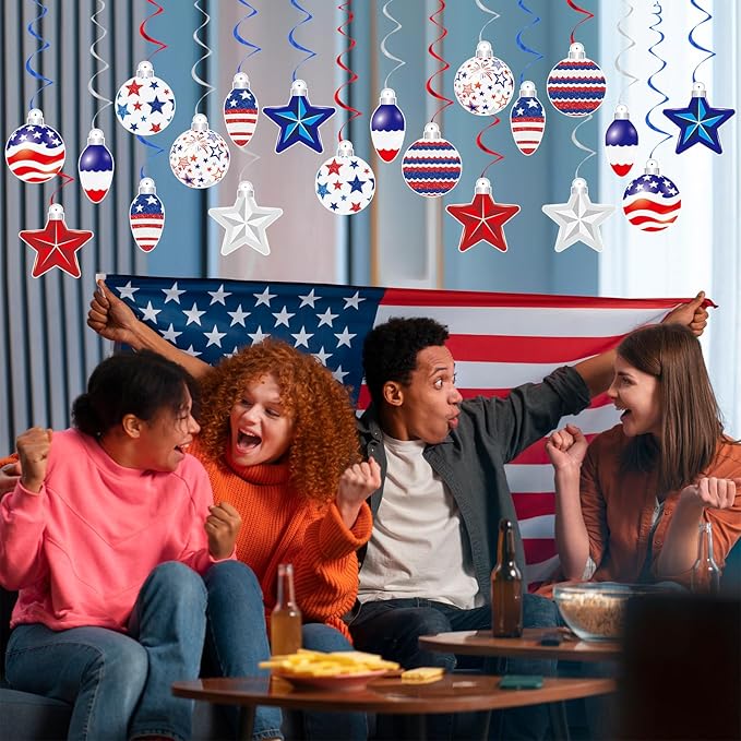 YQUQWN 48 PCS 4th of July Hangings Swirl Decorations, Independence Day Patriotic Party Supplies, No DIY Ceiling Streamers Decor for Holiday Birthday Wedding Veteran Day Tree Red White Blue Decorations