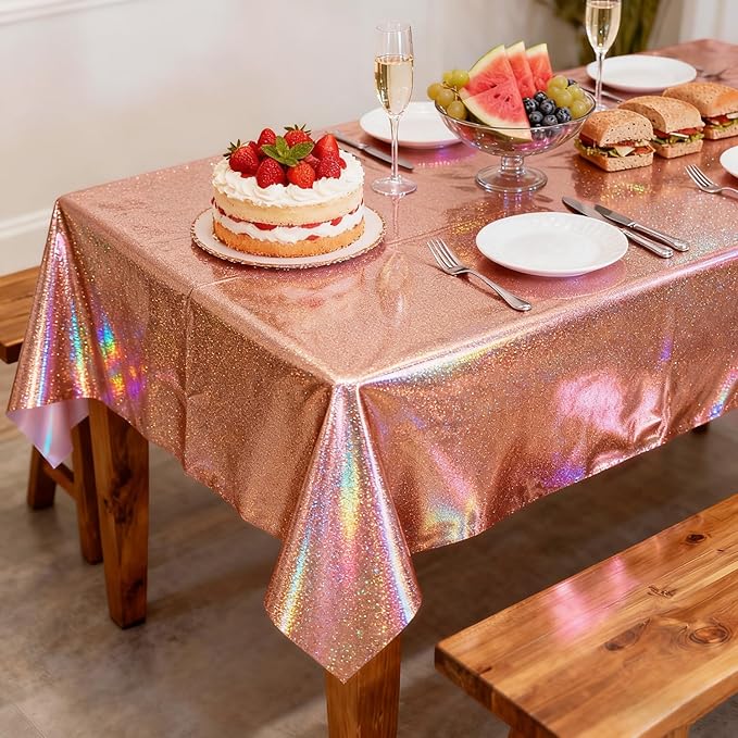 4Pcs Rose Gold Holographic Tablecloths Rectangular Pink Iridescent Tablecloth Shimmer Metallic Table Covers for Girls Women Rose Gold Birthday Decorations, 54 x 108Inch