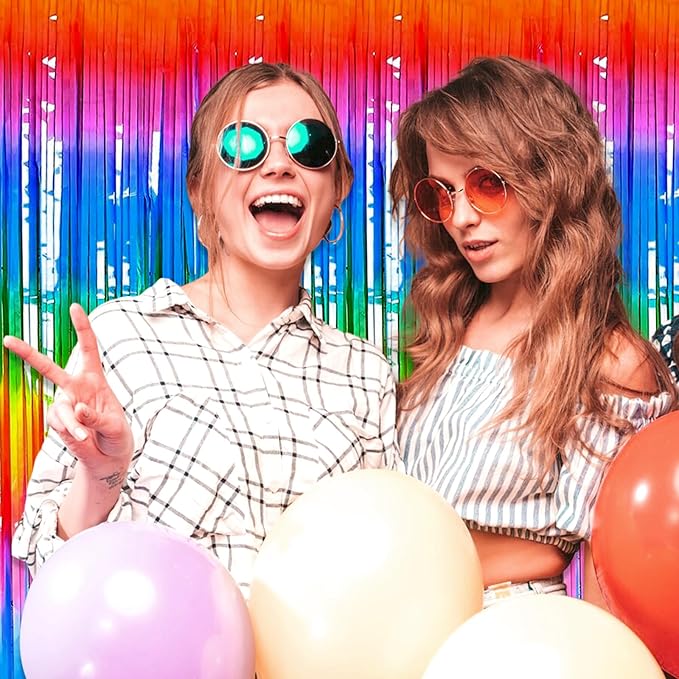 3 Pack Dark Rainbow Foil Fringe Curtain Backdrop, 3.28Ft x 6.6Ft Metallic Tinsel Foil Fringe Streamer Curtains for Photo Booth, Christmas Day, Thanksgiving, Wedding, New Year Party Decorations