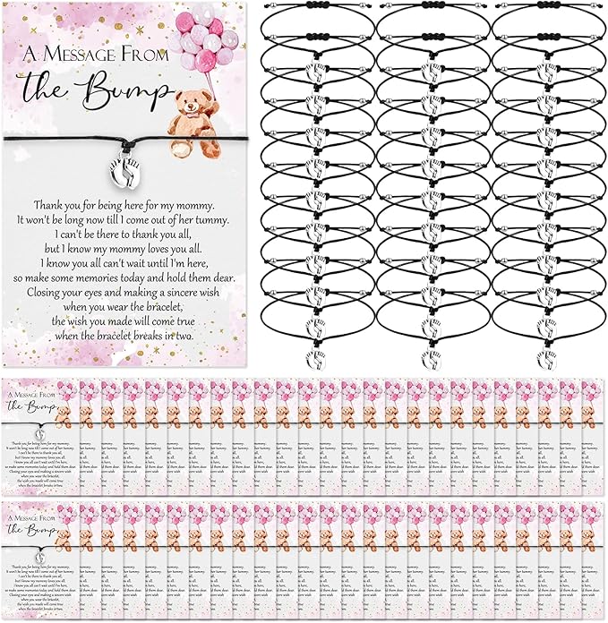 Thyle 50 Set Pink Bear Baby Shower Favors for Guests Adjustable Bracelets with Message from the Bump Card Footprints Charm Baby Shower Bracelets for Gender Reveal Thank You Gifts