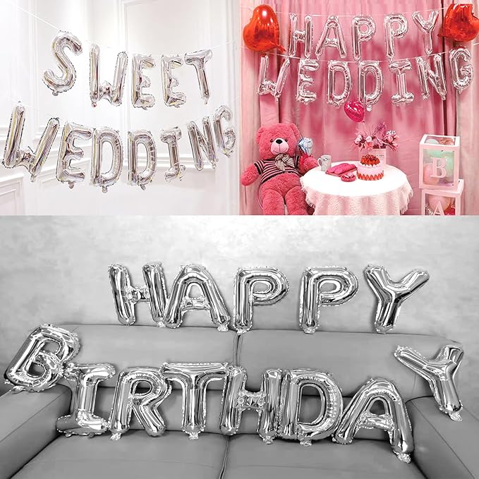Happy Birthday Balloon Banner Custom Phrase Balloons letter 16 inch Personalized Alphabet Letters Foil Mylar Balloons (Silver)