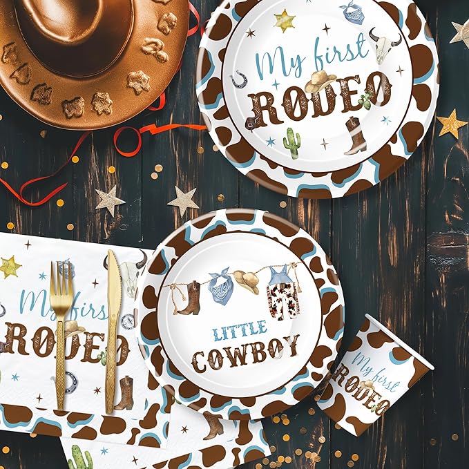 My First Rodeo Birthday Party Supplies Boy - Western Cowboy 1st Birthday Party Tableware, Paper Plate, Cup, Napkin, Disposable Cutlery, Wild West First Table Decorations | Serve 24