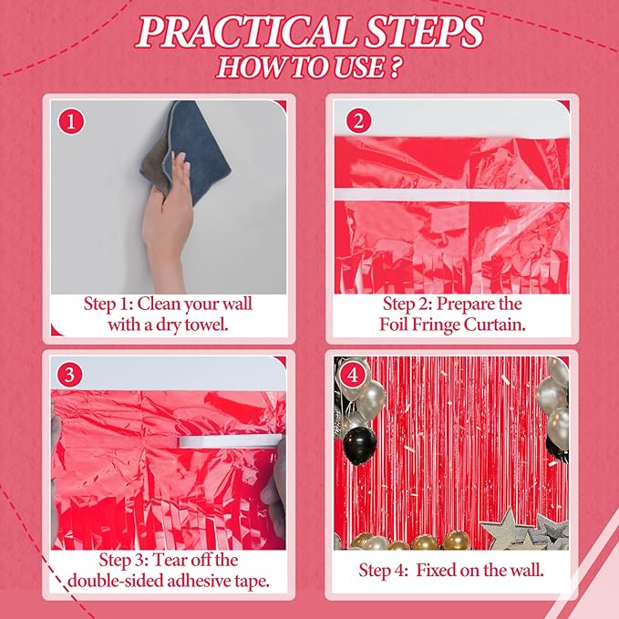 2 Pack Foil Fringe Backdrop - Pastel Red Shiny Tinsel Curtains for Party Decoration/Photo Booth Props - 3.3x6.6 FT Metallic Foil Backdrop for Birthday, Wedding, Graduation, Christmas.