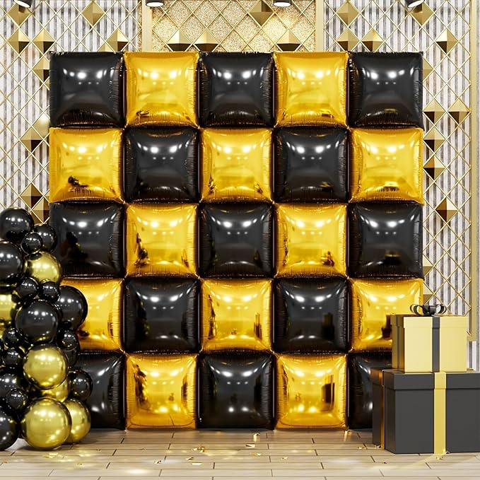 Metallic Gold and Black Double Sided Square Foil Balloons Wall,19 Inches Chrome Foil Balloons Tunnel Arch Kit for Bachelorette, Anniversary, New Year,2026 Graduation,Birthday Party Decorations