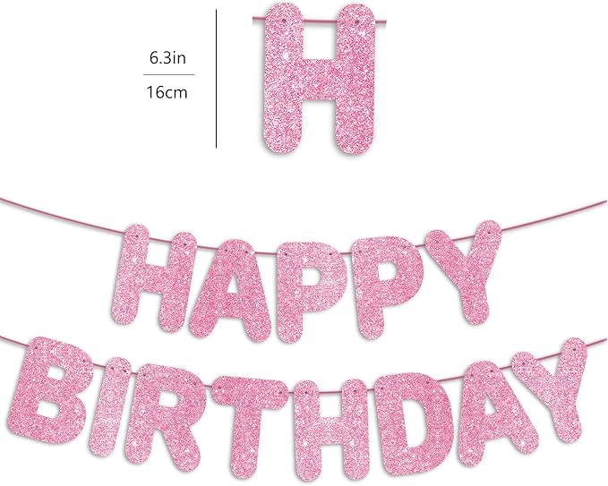 Pre-Strung Happy Birthday Pink Glitter Banner, Pink Birthday Party Decorations for Girl, Backdrop/Sign, Princess Party Decor for Her
