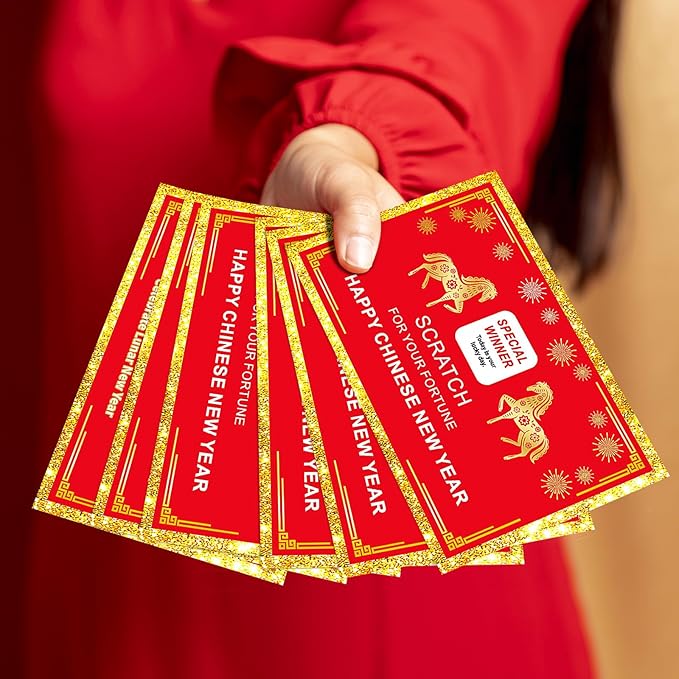 24 Counts Chinese New Year 2026 Horse Theme Scratch Off Fortune Cards with 24 Fortune Coins, Lunar New Year Scratch Game Cards, Spring Festival Party Supplies for Presents Gifts