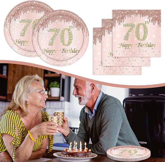 70th Rose Gold Birthday Plates and Napkins, 9 Inch Pink Rose Gold Disposable Dinner Dessert Plates Happy 70th Birthday Party Supplies Decorations for Girls Women
