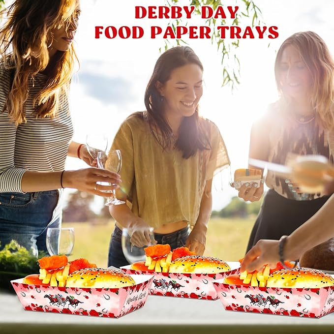 100 PCS Derby Paper Food Trays, Large Capacity Snack Trays Derby Decorations, Run for The Roses Disposable Plates, Kentucky Horse Themed Party Decorations for Table Decor Supplies