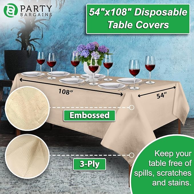 PARTY BARGAINS 40 Disposable Table Covers - 54" X 108" Ivory Table Cover, 3 Ply Paper & Plastic Tablecloth