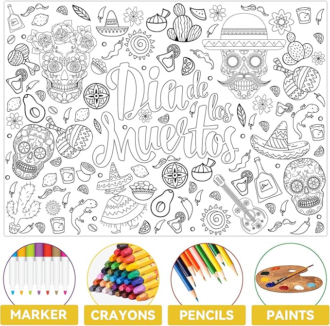 ZOIIWA Day of The Dead Giant Coloring Poster Dia De Los Muertos Large Coloring Posters Sheets Sugar Skulls Tablecloth Mexican Fiesta Party Banner for Home Wall Decor Drawing DIY Painting Crafts