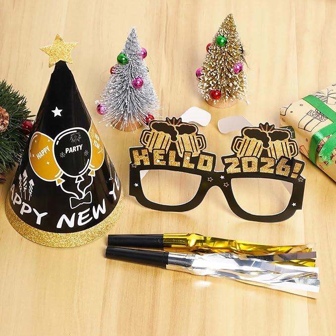 New Years Eve Party Supplies 2026 Party Decorations Happy New Year Eve Favors Include Hats Glasses Necklace and Blowers for 2026 Decors Photo Props