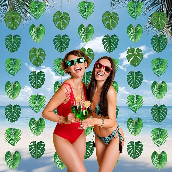 Xinnun Tropical Garland Party Decorations Palm Leaves Garland Banners Green Hawaiian Luau Leaf Hanging Decor for Summer Beach Pool Jungle Baby Shower Birthday Party Supplies