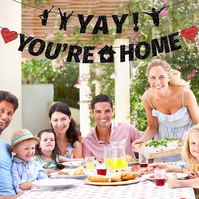 Tellpet Pre-Strung Yay! You’re Home Banner, NO DIY Glitter Welcome Home Decorations for Military Army Returning Homecoming Party, Black
