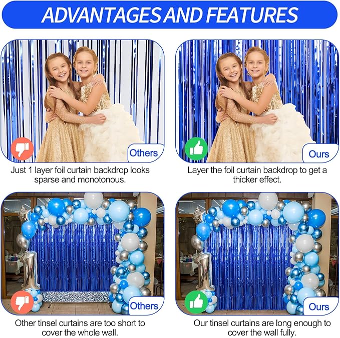 4 Pack Blue Foil Fringe Curtains Streamers Party Decorations 3.3 x 8.2 ft, Blue Tinsel Curtain Fringe Backdrop for Parties, Door Fringe Birthday Streamers, Photo Booth Backdrops, Party Decor