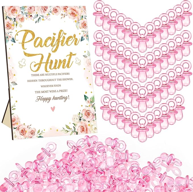 Thyle 51 Pcs Flower Pacifier Hunt Baby Shower Games Floral Theme Baby Shower Game Decoration Include Hunt Sign and 50 Acrylic Pacifiers Gift Sets for Gender Reveal Newborn Announcement Party Decor