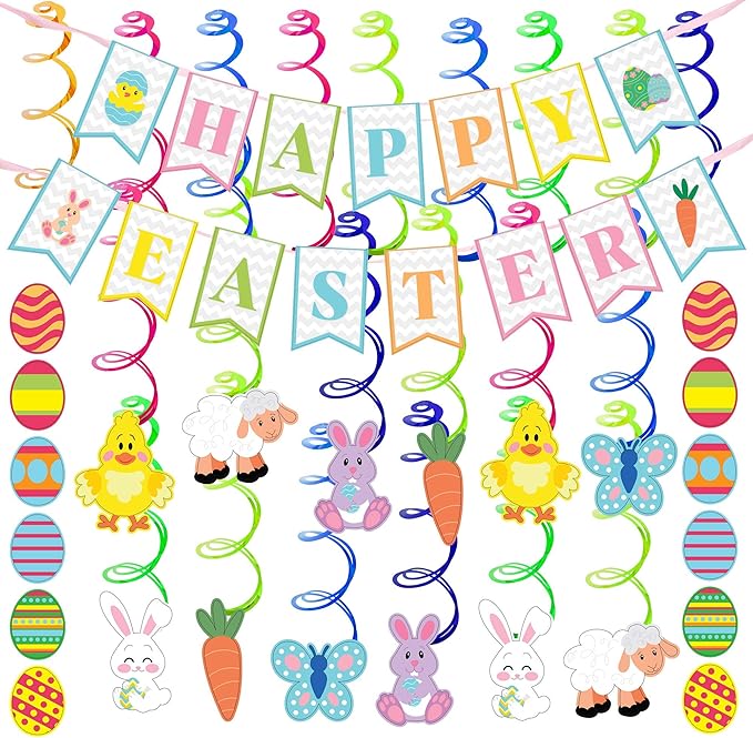 JOYIN 31 PCS Easter Decorations Spring Decor Egg Bunny Foil Swirl Party Hanging Decoration Huge Value Kit for Easter Home Themed Party