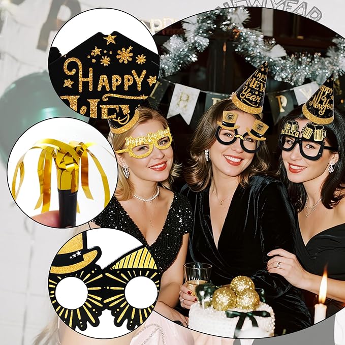hoyuwak 24 PCS New Years Eve Party Supplies for 6 Guests Happy New Years Party Favors Decorations Including 6 Top Hat 6 Black Gold Glasses 12 Blowouts
