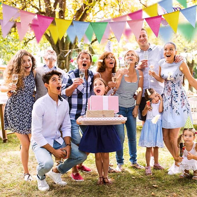 60 Flags/36ft Burlap Imitated Pastel Triangle Pennant Banner Flags Garland - Multicolor Rainbow Bunting for Birthday and Outdoor Party Festival School Classroom Hanging Decoration