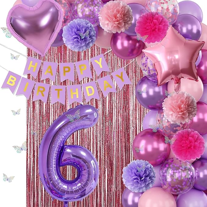 Pink Purple 6th Birthday Party Decorations for Girls Number 6 Balloon Happy Birthday Banner Butterfly Stickers Fringe Curtain Paper Pom Poms Metallic Hot Pink Star Foil Balloons 6 Year Old Princess