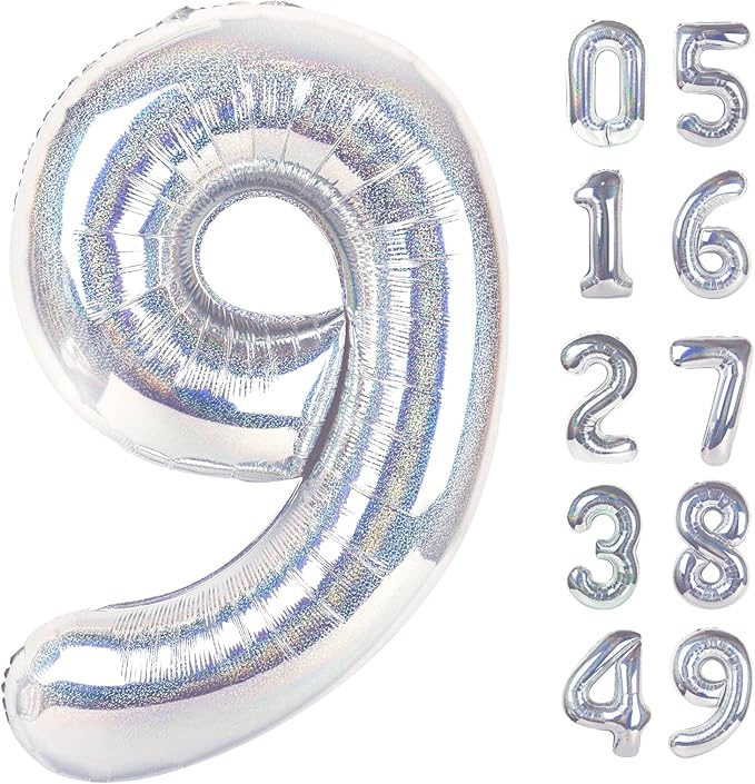 Laser Silver 9 Balloon, Number Balloons 40 Inch, 9th Giant Birthday Decorations for Girls,19th 29th Party Decorations Supplies, Number 9 Balloon