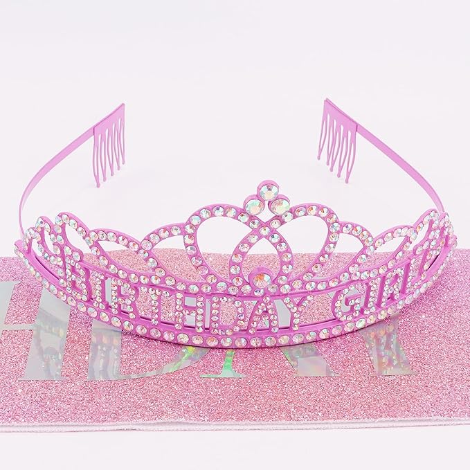 Chanaco Birthday Crown for Women, Birthday Sash and Crowns for Girls, Glitter Tiara and Sashes Kit, Rhinestone Hair Accessories “BIRTHDAY GIRL” Sash for Party Favors