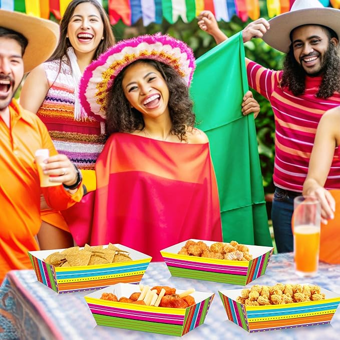 50 Pcs Mexican Taco Food Trays, Disposable Cinco De Mayo Paper Tray Fiesta Theme Party Decorations, Colorful Mexican Stripe Design Kitchen Decor Fiesta Ware Dinnerware for Mayo Party Supplies