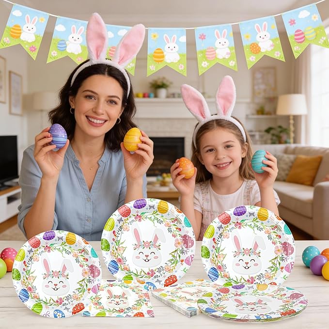 Easter Plates and Napkins Set for 20 Guests - 40 Pcs Disposable Easter Dinnerware, 9 Inch Colorful Egg & Bunny Floral Paper Plates 20pcs and Napkins 20pcs for Dinner, Spring Party Decorations