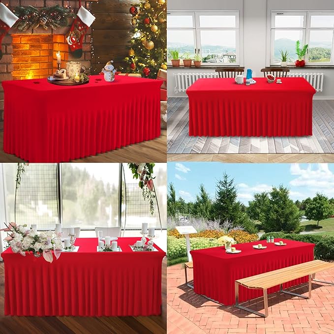 Table Skirt for 4 Foot Tables - 2 Pack One-Piece Red Tablecloths and Skirt, Wrinkle Resistant Ruffles Elastic Cover for Banquets, Weddings, Events, Parties