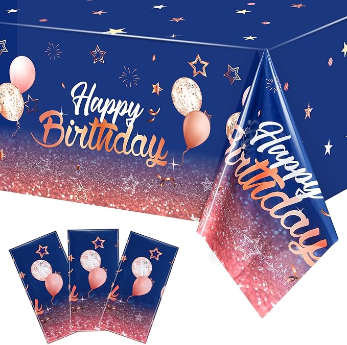 Tegeme Navy Blue Party Supplies Stars Happy Birthday Tablecloths Starry Confetti Table Covers for Kids Boys Girls Baby Shower Birthday Party Decorations(Navy Blue and Pink,3 Pack)